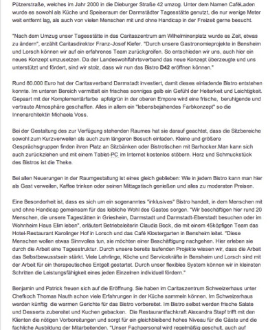 Pressemitteilung Bistro D 42 – Juli 2015